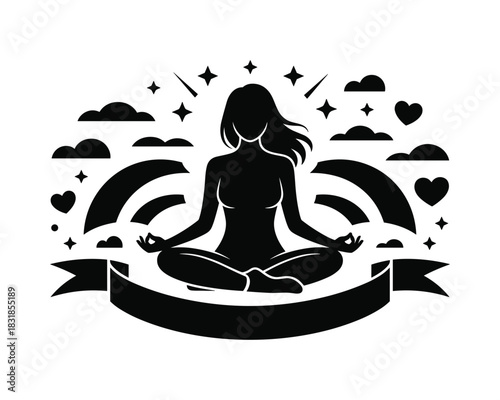 Silhouette of woman meditating in lotus position with stars and clouds