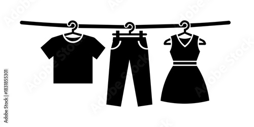 Clothes on Hanger Line Icon – T-Shirt, Pants, Dress Laundry Drying Vector.