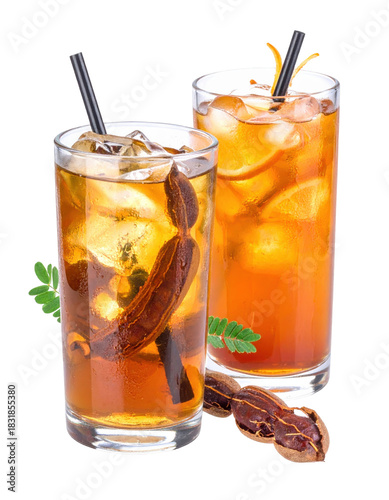 Refreshing mexican tamarindo agua fresca in a tall glass, a sweet and tangy fruit drink perfect for hot days, isolated on a bright white background