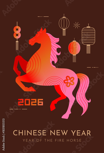 Chinese New Year 2026 Fire Horse Illustration with Gradient Pink Horse and Traditional Lanterns on Dark Background. Poster Design Vector Illustration.