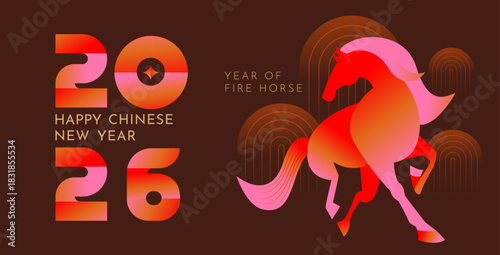 Vibrant Fire Horse Illustration with Large 2026 Typography for Chinese New Year Celebration on Dark Background. Poster Design Vector Illustration.