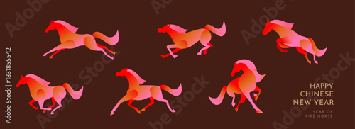 Set of Running Gradient Horses for Chinese New Year 2026 Fire Horse Zodiac on Minimal Dark Brown Background. Poster Design Vector Illustration.