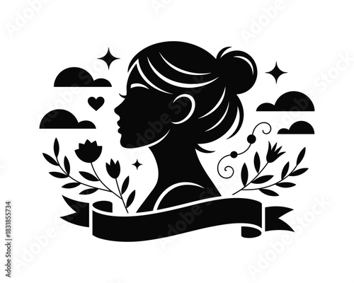 Silhouette of woman with floral accents and banner for text