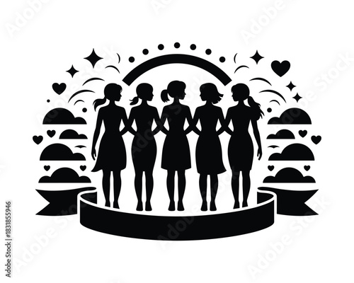 Silhouette of five women standing together in unity and solidarity