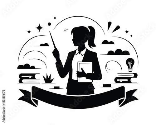 Silhouette of a teacher with pointer and book in an educational setting