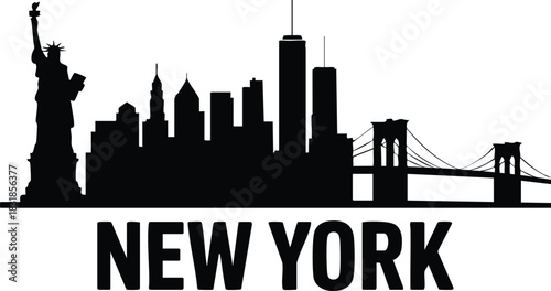 New York City Skyline Silhouette, New York Skyline with Statue of Liberty and Brooklyn Bridge, New York City Typography and Skyline, NYC Landmark Vector Graphic, silhouette, vector, illustration.