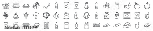 A set of line icons showing various food, drink, and grocery items. Perfect for supermarket flyers, recipe cards, and food delivery apps.