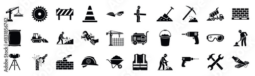 A set of black construction icons featuring tools, machinery, and workers. This collection is suitable for building industry presentations, websites, and user interfaces.