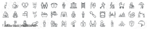 A collection of line icons depicting childhood, family, parenting, and kids activities. Ideal for web pictograms, infographics, and educational materials.