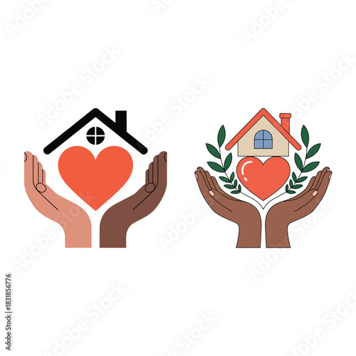 Diverse hands holding a house with heart symbol illustration set, concept of home care, family love, and protection
