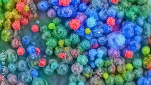 An abstract, colorful microscopic image of spherical shapes, diverse textures, and a gradient background