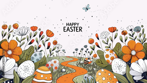 Whimsical easter illustration featuring decorative eggs nestled amongst colorful flowers and foliage with a winding path and a butterfly overhead