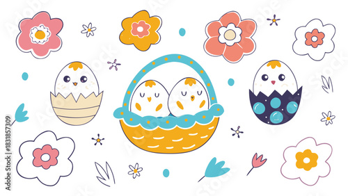 Cute easter chicks hatching from eggs and resting in a basket surrounded by colorful flowers and decorative elements on a white background