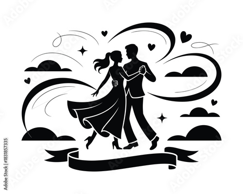 Romantic couple dancing silhouette with hearts and swirling clouds illustration