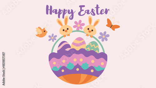 Cute illustration of a colorful easter basket overflowing with decorated eggs accompanied by playful bunnies a butterfly a bird and flowers with the text happy easter