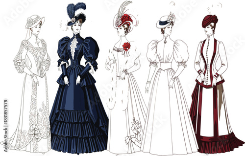 Elegant set of historical women's dresses and elaborate hats from the late Victorian or Edwardian era, detailed fashion vector illustration representing 1900s vintage costume and high society style.