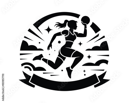 Dynamic silhouette of a female basketball player in action with energetic background
