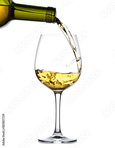 A refreshing pour of txakoli, a sharp and slightly sparkling basque white wine, isolated on white background for a crisp and elegant presentation