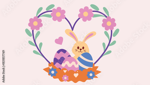 Cute cartoon easter bunny with colorful decorated eggs nestled in a basket of flowers forming a heart shape with floral garland and pastel background