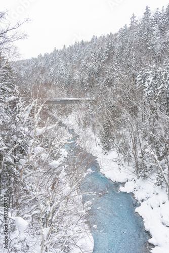 An emerald river that flows even in the snowy winter