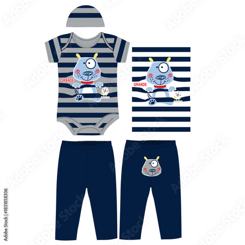 baby body suit with pant cap cute animals print 
