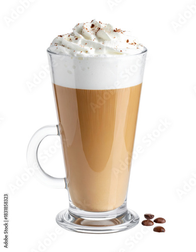 Rich viennese coffee in a glass mug topped with a dome of whipped cream, isolated on a plain white background
