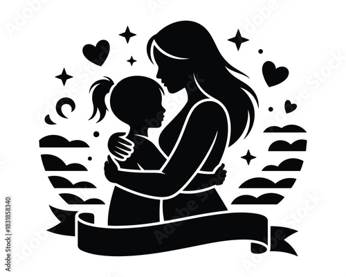 Silhouette of mother and daughter embracing with hearts and stars background