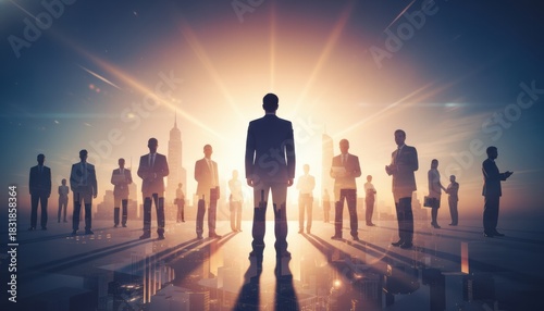Businessman leader and his corporate team stand silhouetted against a dramatic sunrise with a double exposure effect of a modern cityscape, symbolizing ambition and power