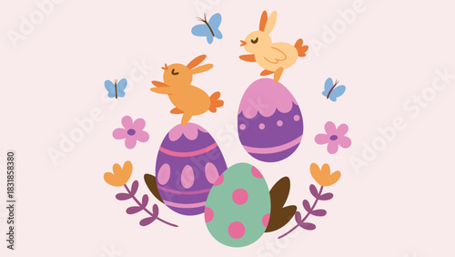 Cute cartoon easter bunnies and chicks celebrating with colorful decorated eggs and butterflies surrounded by flowers on a light pink background