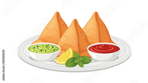 Three crispy, golden-brown samosas rest on a white plate alongside bowls of green and red chutney, garnished with a zesty lemon wedge and fresh mint leaves