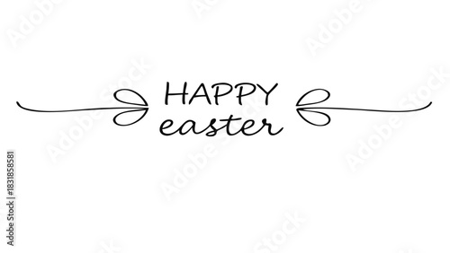 Elegant black line art calligraphy of the phrase happy easter with decorative flourishes on a clean white background perfect for greeting cards and seasonal designs