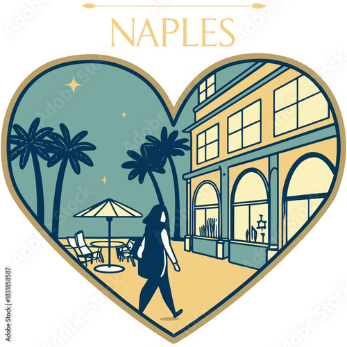 Naples Promenade Scene in Heart Frame – Coastal Leisure Illustration