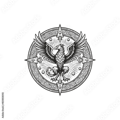 Majestic vector illustration of a powerful Griffin or Gryphon seated centrally within a decorative circular seal resembling a compass rose or nautical symbol