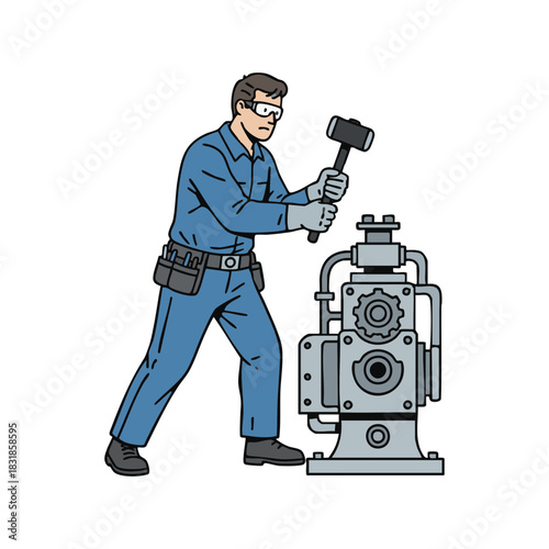 Illustration of a worker in blue overalls and safety glasses using a hammer on industrial machinery with gears and a pipe