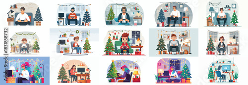 Gamers playing games. Gamer Christmas. Vektor, design, minimalist, illustrations, set icon
