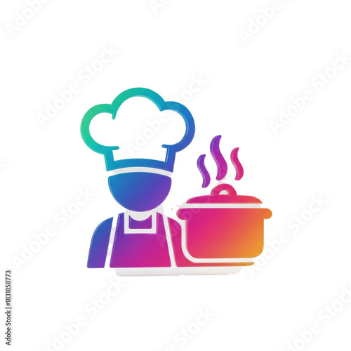 A colorful illustration of a chef holding a pot of steaming food on a tray.
