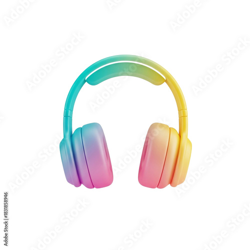 A vibrant, colorful 3D rendered illustration of a pair of over-ear headphones.