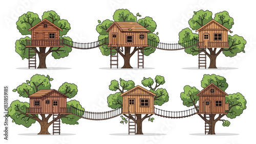 Treehouse Village Illustration A Whimsical Cartoon Scene of Connected Homes in Nature