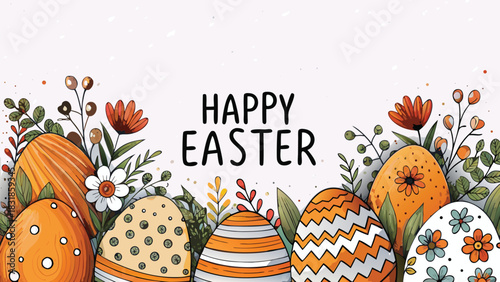 Happy easter greeting card with a border of colorful decorated eggs and floral elements on a light background with copy space