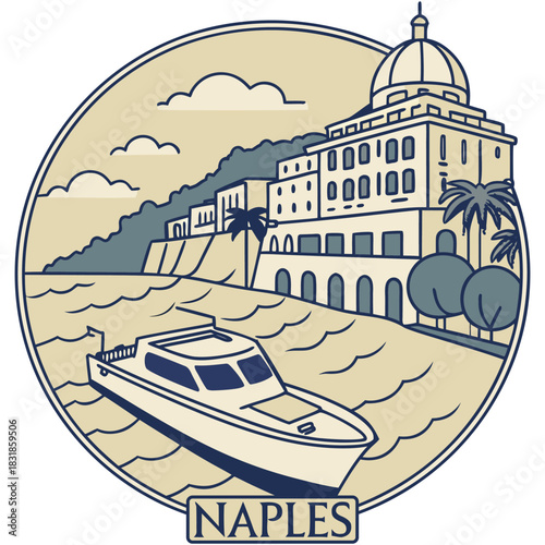 Naples Cliffside Boat Scene – Vintage Coastal Architecture Post