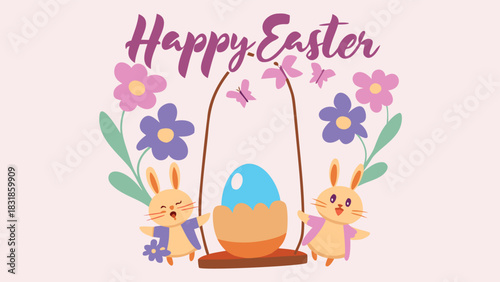 Happy easter greeting card featuring cute cartoon bunnies colorful flowers butterflies and a blue easter egg in a basket with a light pink background