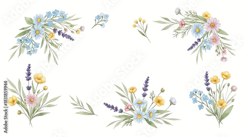 Delicate watercolor floral arrangements with small wildflowers and greenery, perfect for invitations and decorations