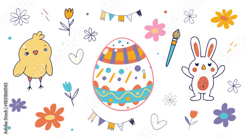 Cute cartoon easter chick and bunny with decorated egg flowers and bunting flags on a white background perfect for spring celebrations and holiday designs