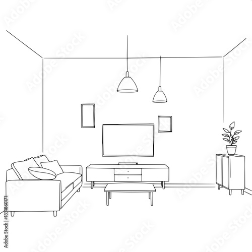 Minimalist monochrome living-room sketch, front-view. Features a cushioned sofa on the left, centered TV flanked by framed pictures, two hanging pendant lamps, and a small cabinet with plant on the ri