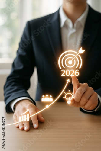 Roadmap 2026 business advancement graphic with a hand pointing at the final milestone, perfect for strategic planning, executive presentations, growth forecasting, and corporate future vision

