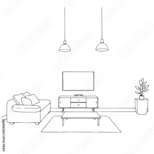 Minimalist monochrome living-room sketch, front-view. Features a cushioned sofa on the left, centered TV flanked by framed pictures, two hanging pendant lamps, and a small cabinet with plant on the ri
