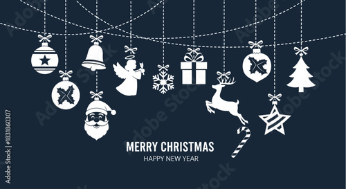 Christmas Decorations Silhouette on Navy Blue Background Merry Christmas Happy New Year Greeting