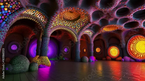 Surreal Grotto Interior with Glowing Orbs and Intricate Architectural Details