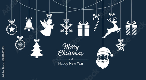 Christmas and New Year Decorations Silhouette on Dark Background