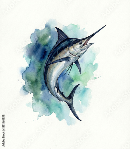 Black Marlin (Istiompax indica) watercolor illustration. Dynamic South Pacific game fish painting for interior decor and design elements